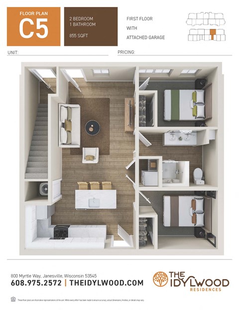 Floor plan for 2 beds, 1 bath, 855 sqft
